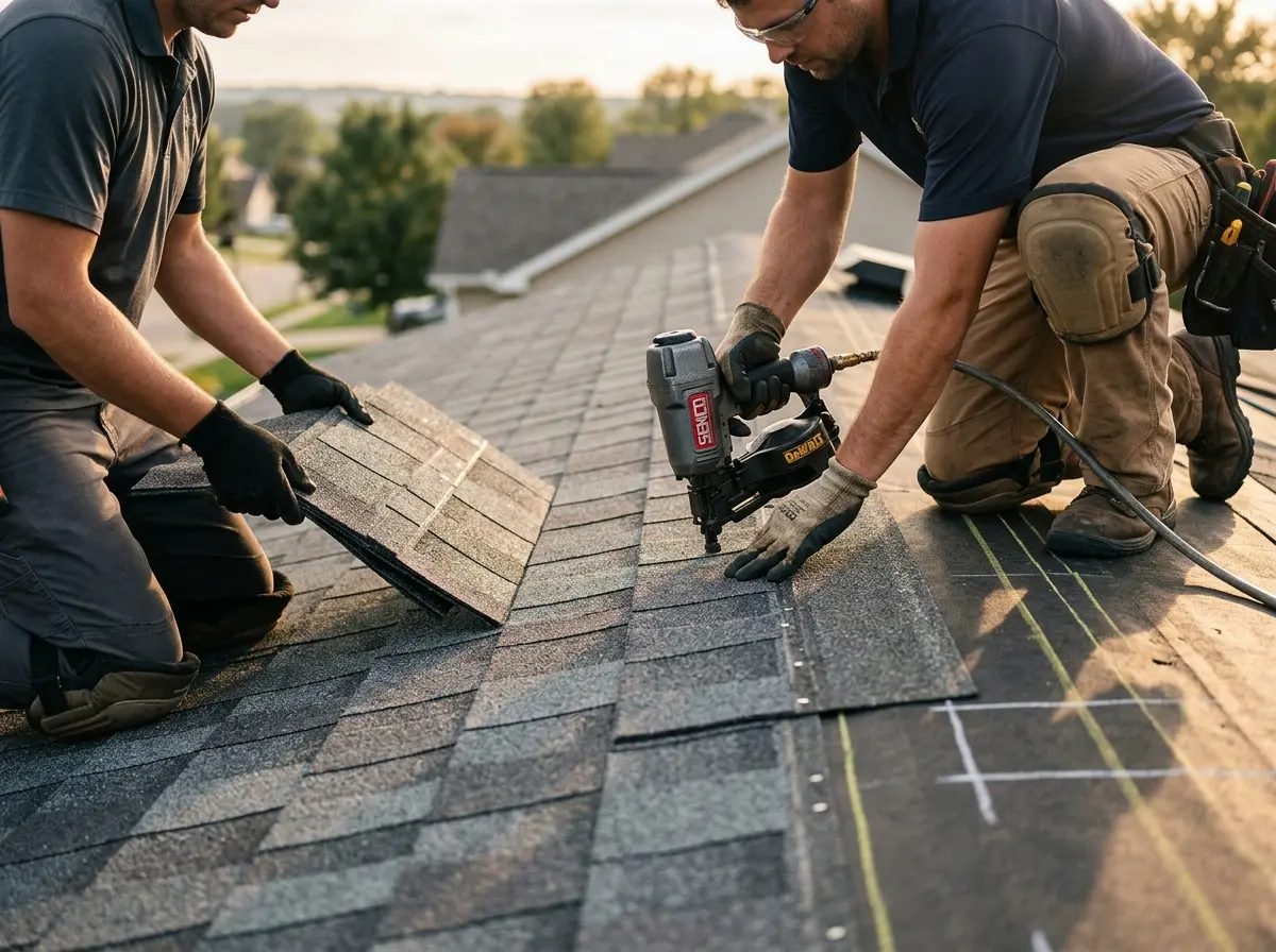 Professional roofer working on a residential roof in Mililani Town